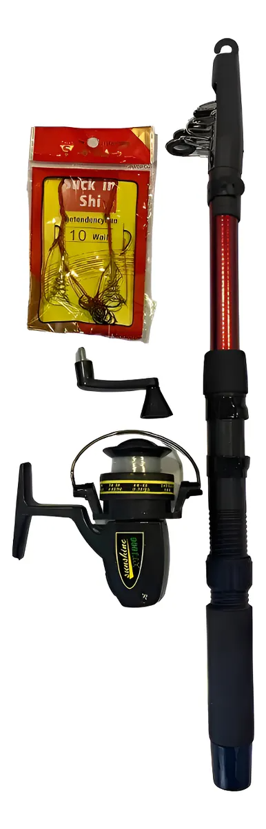 Set De Caña De Pescar Telescópica Con Anzuelos Carrete Nylon Rojo