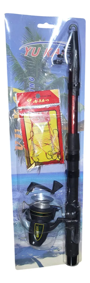 Set De Caña De Pescar Telescópica Con Anzuelos Carrete Nylon Rojo